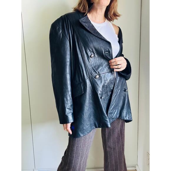 Vintage Lambskin Leather Coat Mens Size Large Black Buttery Soft Double Breasted - Picture 12 of 12